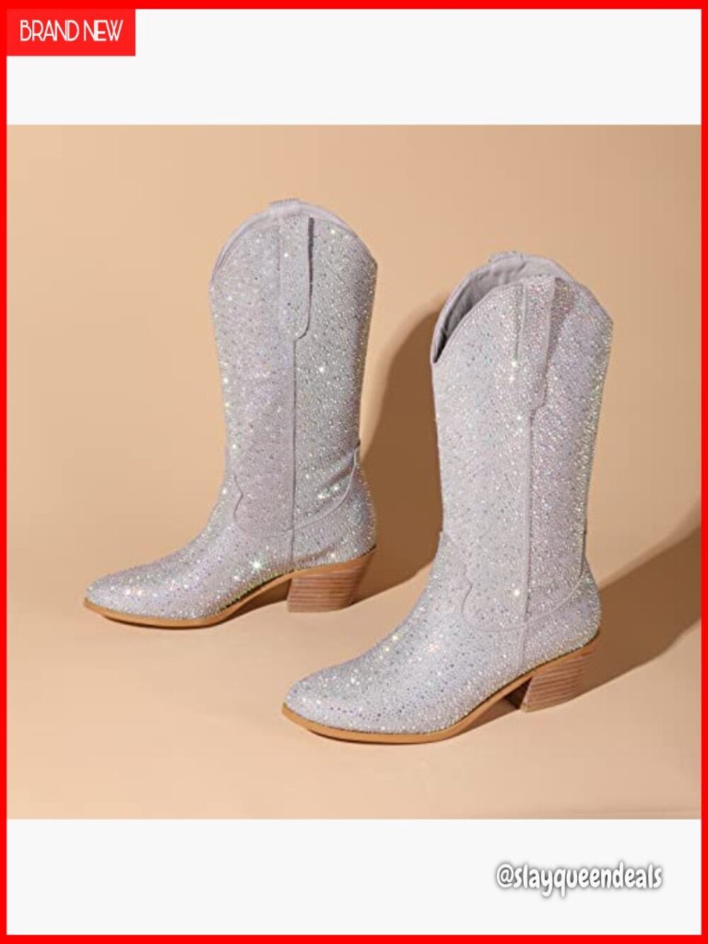 Rhinestone Cowgirl Boots Sparkly Knee High Block Heel Mid Calf Booties - Picture 4 of 7